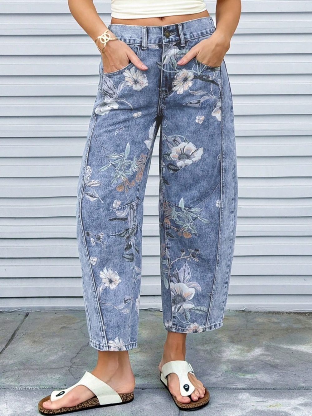 Light Wash Floral Print Barrel Cropped Denim Jeans Pants - Picture 4 of 4